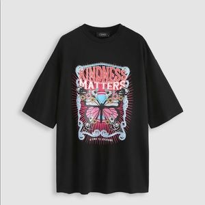black oversized graphic tee- “kindness matters”, butterfly